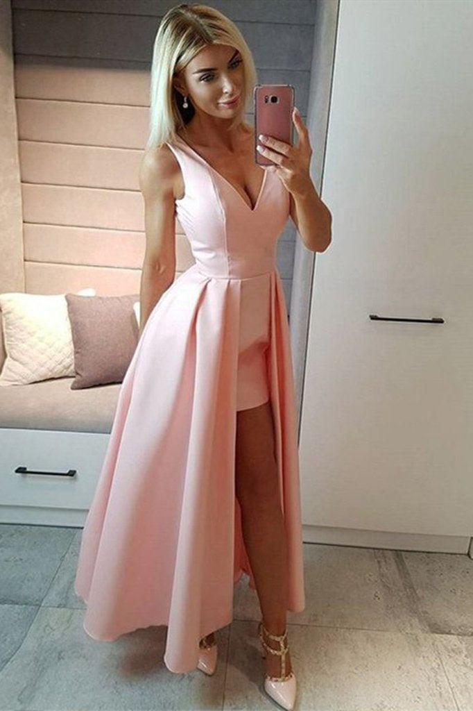 Unique Pink High Low V Neck Prom Dress, Cheap Simple Sleeveless Long Formal Dresses N1684