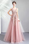 Pink Embroidery Beaded Tulle Long Prom Gown with Rhinestone, Party Dress UQP0069