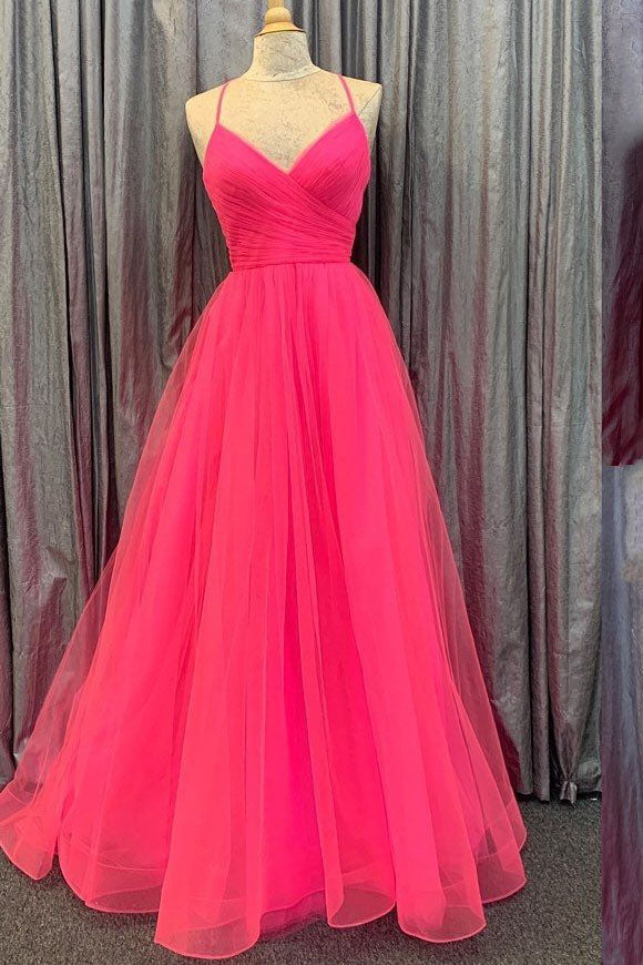 Spaghetti Straps V Neck Tulle Prom Gown, Elegant Long Formal Dress UQP0108