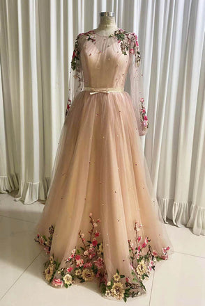 A Line Tulle Long Prom Dress with Flowers, Pink Long Sleeves Party Dress with Beading UQP0176