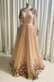 A Line Tulle Long Prom Dress with Flowers, Pink Long Sleeves Party Dress with Beading UQP0176