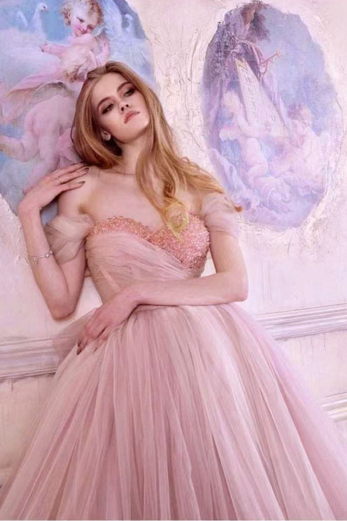 Pink Off the Shoulder Tulle Ankle Length Prom Dress, Puffy Party Dress with Sequin UQP0181