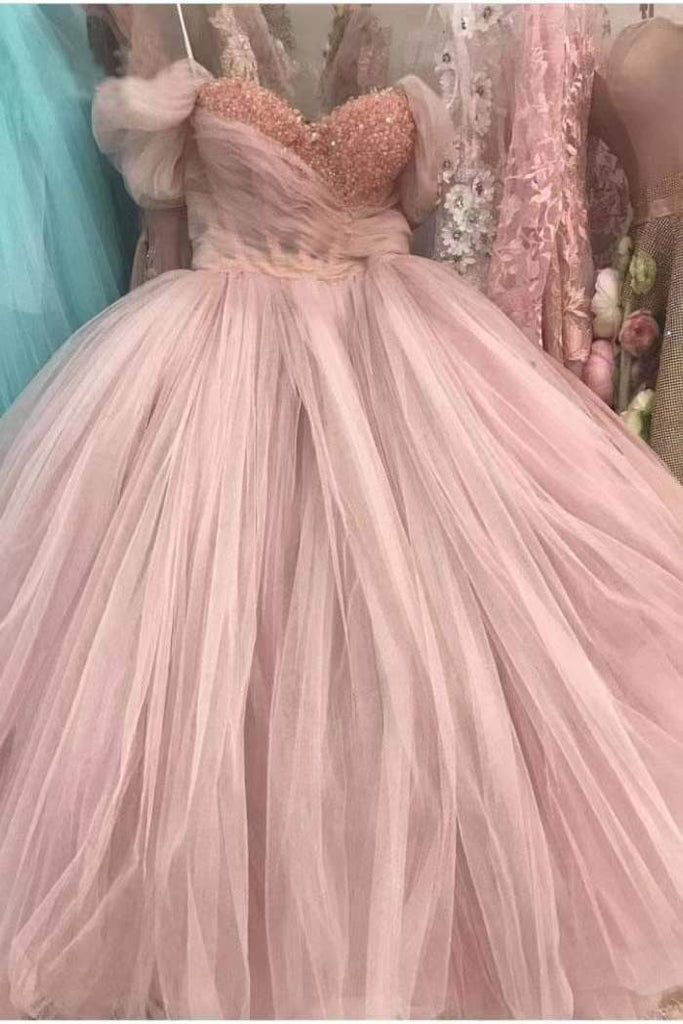 Pink Off the Shoulder Tulle Ankle Length Prom Dress, Puffy Party Dress with Sequin UQP0181