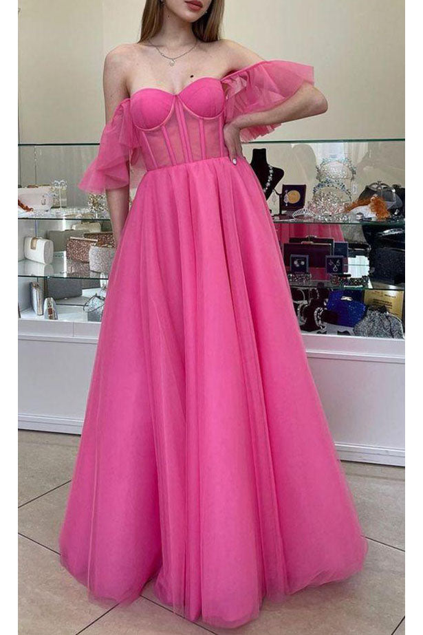 Pink Off the Shoulder Sweetheart Long Tulle Prom Dress, Gorgeous Formal Gown UQP0106