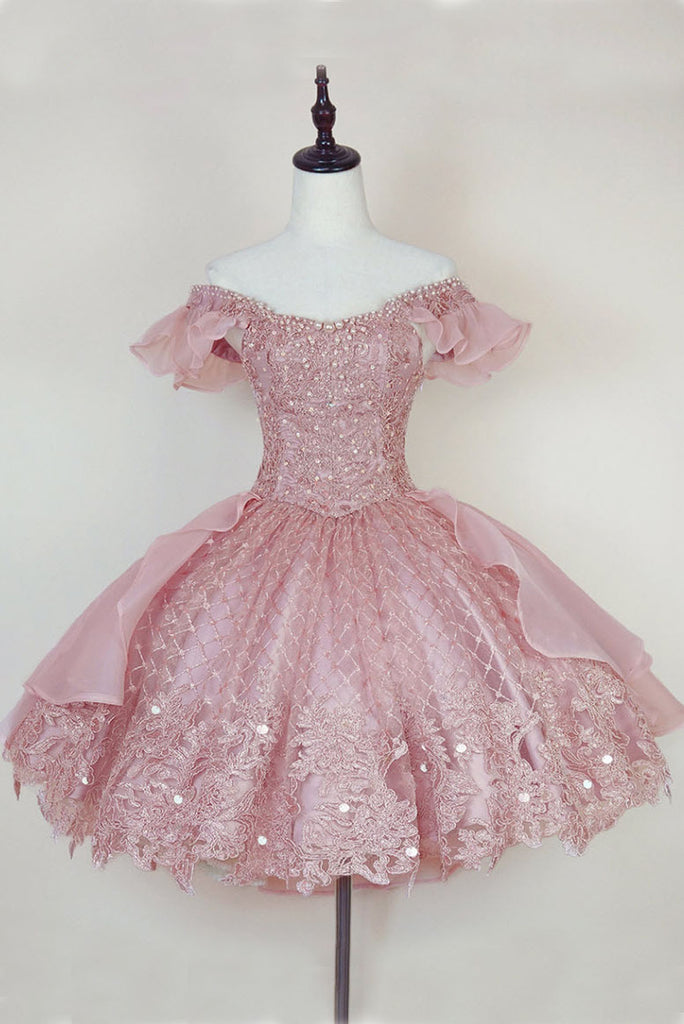 Pink Lace Homecoming Gown with Beading, Princess Off the Shoulder Hoco Dress UQH0133