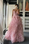 Pink Spaghetti Straps Ruffles Long Tulle Prom Dress, Formal Gown UQP0099