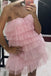 A Line Strapless Tiered Short Homecoming Dress, New Style Pink Short Prom Gown UQH0102