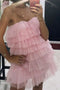 A Line Strapless Tiered Short Homecoming Dress, New Style Pink Short Prom Gown UQH0102