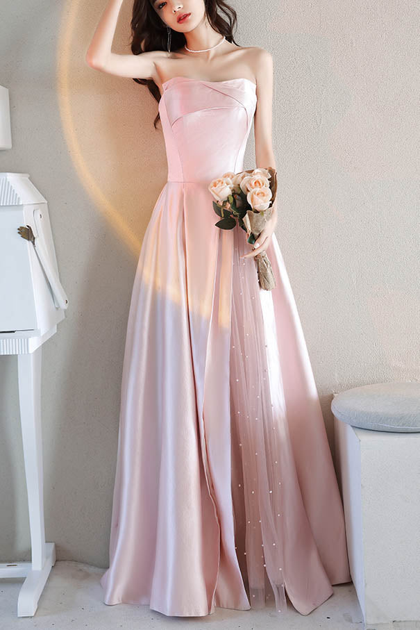 Pink Strapless Satin Long Prom Gown with Pearls, Cheap Floor Length Formal Dress UQP0086