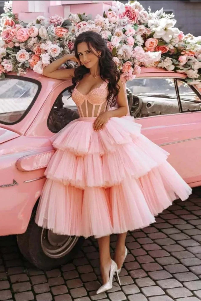 Puffy Straps Tiered Pink Tea Length Prom Dresses, Homecoming Dress with Sequins UQH0100