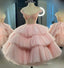Puffy Straps Tiered Pink Tea Length Prom Dresses, Homecoming Dress with Sequins UQH0100