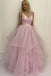 Light Pink Spaghetti Straps Tulle Puffy Prom Gown, Asymmetrical Long Evening Dress UQP0093