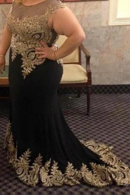 Black Mermaid Sleeveless Plus Size Prom Dress with Lace Appliques, Plus Size Dress N2217