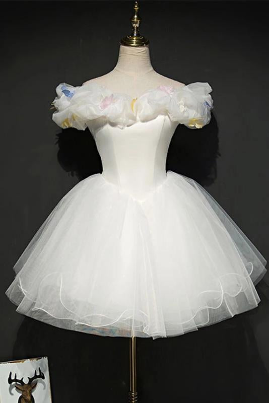 Ivory Off the Shoulder Princess Tulle Homecoming Dress, Mini Puffy Sweet 16 Dress N2145