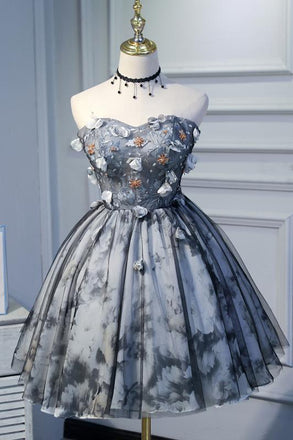 Princess Strapless Short Homecoming Dress with Flowers, Appliques Puffy Cocktail Dress N1975