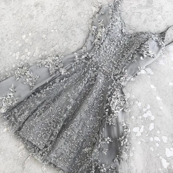 Silver Gray Spaghetti Strap V Neck Lace Homecoming Dresses, Mini Gradu Uniquedresss Silver Gray Spaghetti Strap V Neck Lace Homecoming Dresses, Mini Gradu Uniquedresss