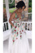 A Line V Neck Ivory Lace Prom Dresses with Flowers , Long Sleeveless Party Dresses with Appliques UQP003