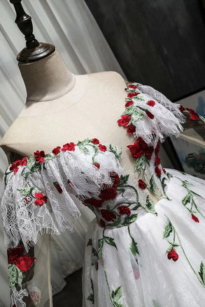 Puffy Long Sleeves Off the Shoulder Lace Tulle Prom Dress with Appliques UQP0195