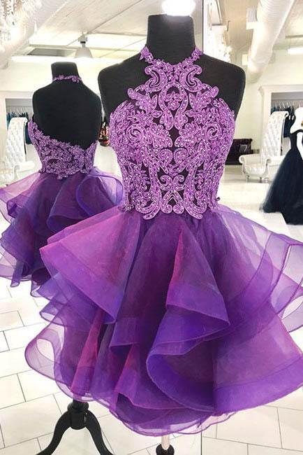 Purple Halter Asymmetrical Short Homecoming Dresses with Beading, Mini Cocktail Dress UQ1876