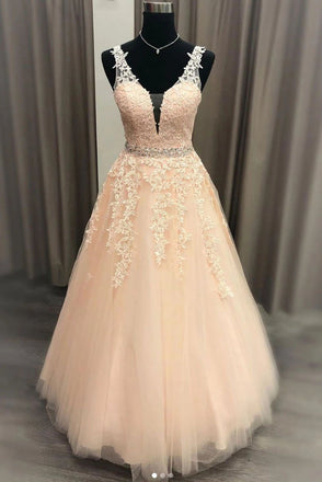 Floor Length V Neck Sleeveless Tulle Prom Dress with Appliques, Puffy Quinceanera Dress N2204