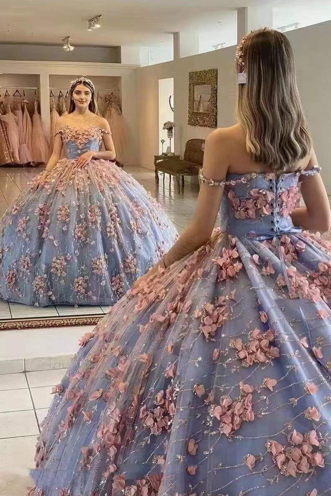 Ball Gown Off the Shoulder Prom Dress with Flowers, Gorgeous Long Quinceanera Dress UQP0183