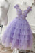 Purple Knee Length Layers Sheer Neck Cap Sleeves Homecoming Dress, Short Prom Gown UQH0083