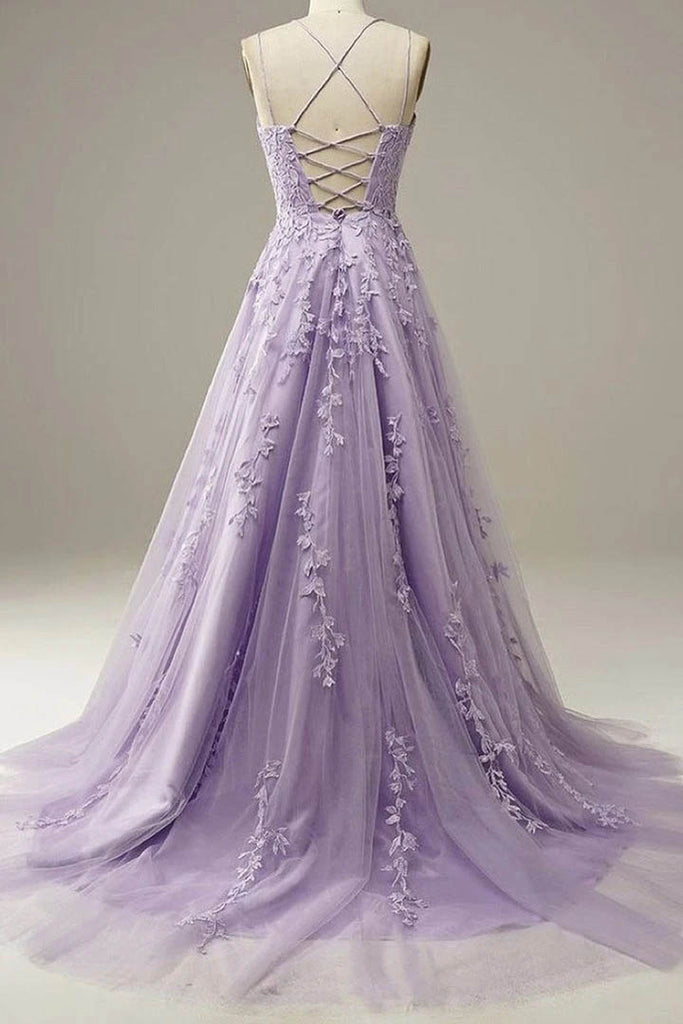 Light Purple Lace Applique A Line Spaghetti Straps Prom Dress Evening Gown UQP0071