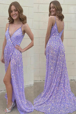 Purple Deep V Neck Spaghetti Straps Prom Evening Gown, Sequined Long Party Dress UQP0116