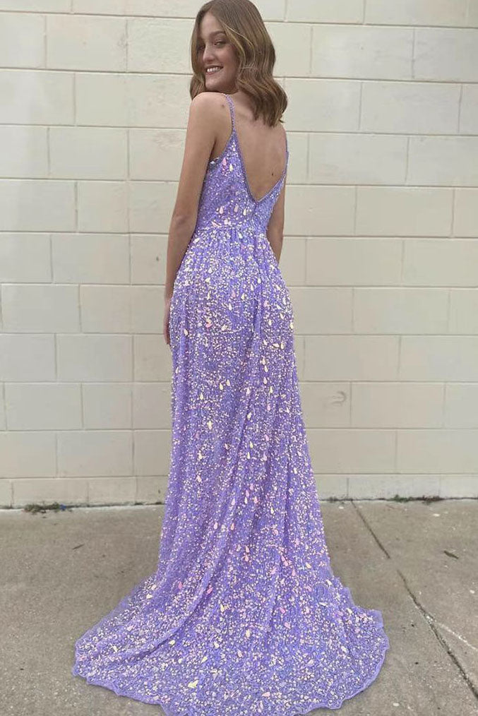 Purple Deep V Neck Spaghetti Straps Prom Evening Gown, Sequined Long Party Dress UQP0116
