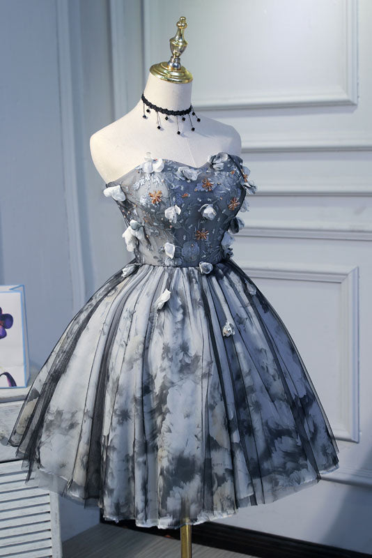 Unique Sweeetheart Short Homecoming Dress with Flowers, Puffy Short Prom Gown UQH0123