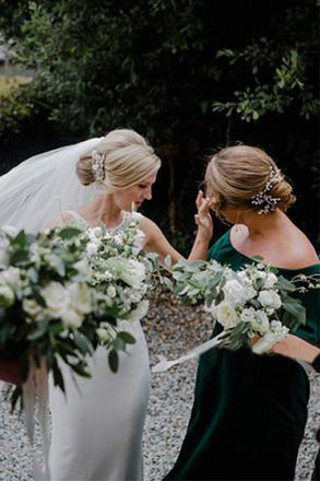 Dark Green Ankle Length Off Shoulder Bridesmaid Dresses, Chiffon Bridesmaid Dress UQ2386