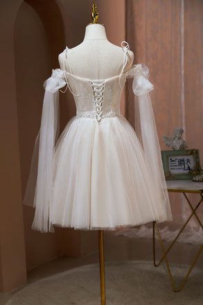 Ivory Off the Shoulder Tulle Short Homecoming Dress with Lace and Pearls UQH0122