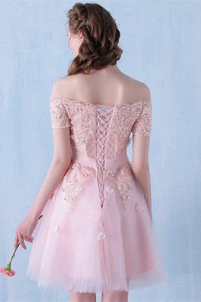 Pink Off the Shoulder Tulle Short Prom Dress with Beading, A Line Homecoming Dress UQ1946