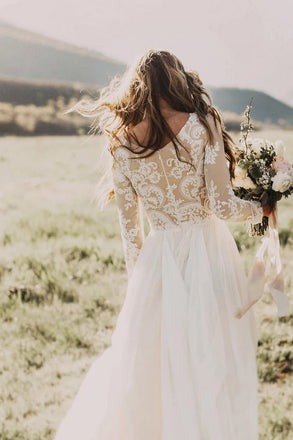 Long Sleeve Rustic Weding Dresses Lace Appliqued Ivory Chiffon Beach Wedding Dress UQ2013