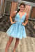 Blue Cute V-Neck Applique Lace Homecoming Dress,Tulle Short Prom Dress UQ2040