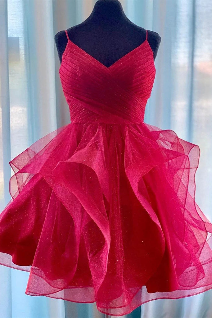 Red Spaghetti Strap Ruffled Short Homecoming Dress, Short Prom Dress with Pleats N2112