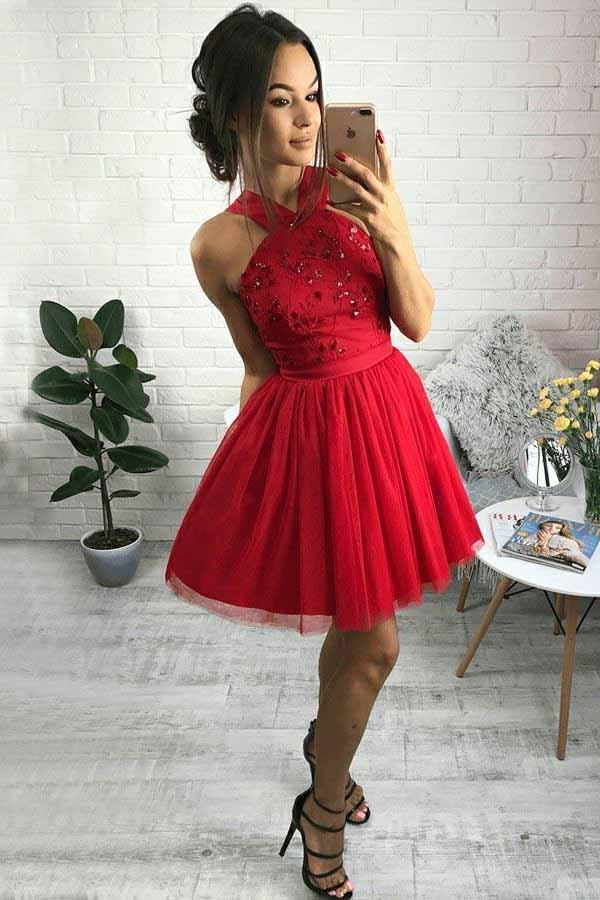 Cute Red Tulle Short Homecoming Dress with Beading, A Line Sweetheart Short Prom Dress UQ1754