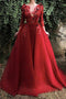 Red Long Prom Dress with 3/4 Sleeves, Puffy Organza Formal Dresses with Flowers UQ2027