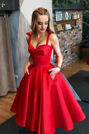 Red Straps Tea Length Satin Homecoming Dresses, A Line Sleeveless Graduation Dresses N2173