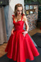 Red Straps Tea Length Satin Homecoming Dresses, A Line Sleeveless Graduation Dresses UQ2173