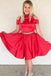 Red Two Piece Satin Homecoming Dress with Beading, Cute Red Short Prom Dresses UQ1883