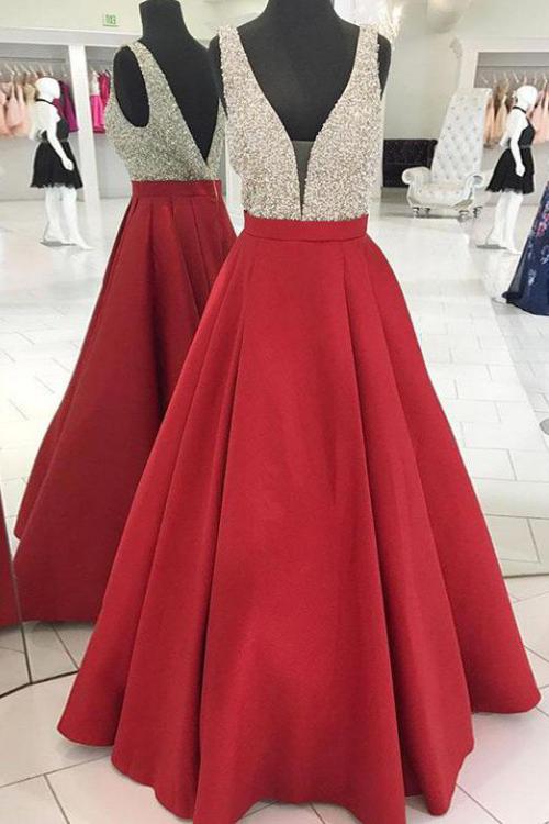 Red V Neck Sleeveless Beading Prom Dress, A Line Satin Sparkly Long Party Dresses UQ1731