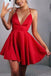 Red V Neck Mini Ruched Sweet 16 Dress, A Line Short Homecoming Dress N1933