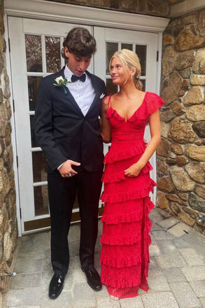 Red V Neck Lace Prom Dress, Tiered Long Evening Dresses Sleeveless Graduation Gown UQP0211