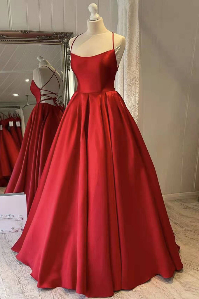 Red Satin Spaghetti Straps Long Prom Dress, Puffy Princess Formal Gown UQP0146
