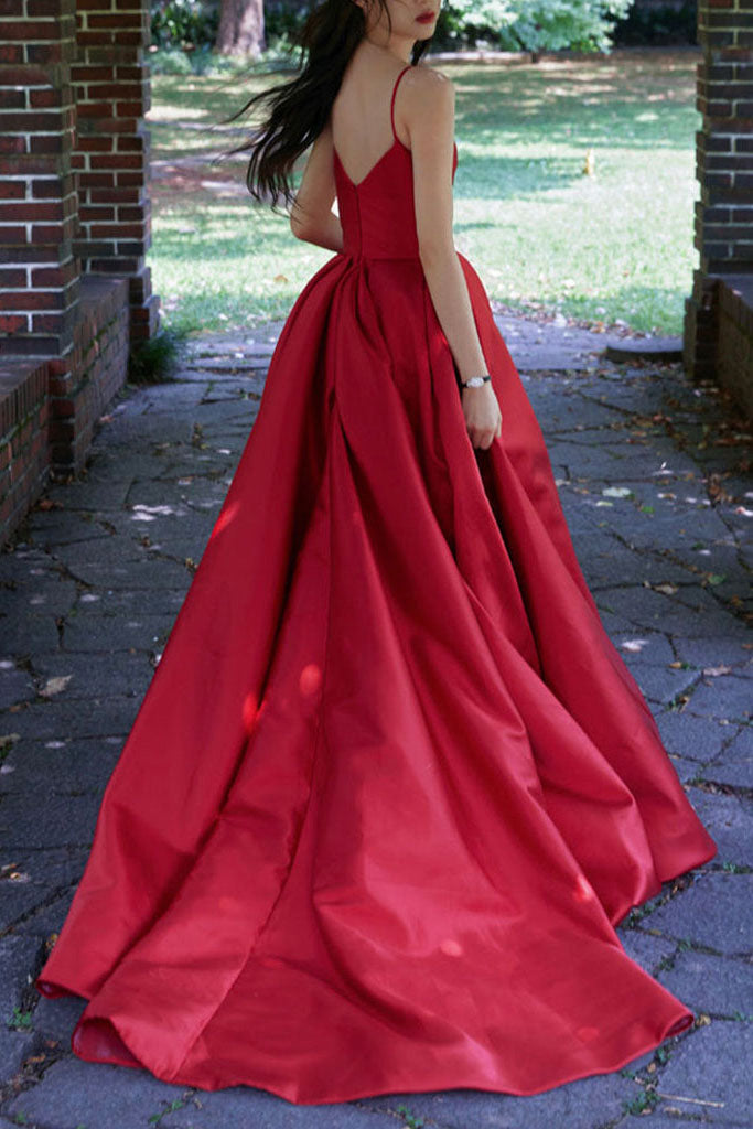 Simple Red Spaghetti Straps Satin Long Prom Dress, Elegant Formal Gown UQP0113