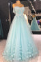 A Line Strapless Floor Length Tulle Prom Dress with Flowers, Appliqued Formal Dress UQ2541