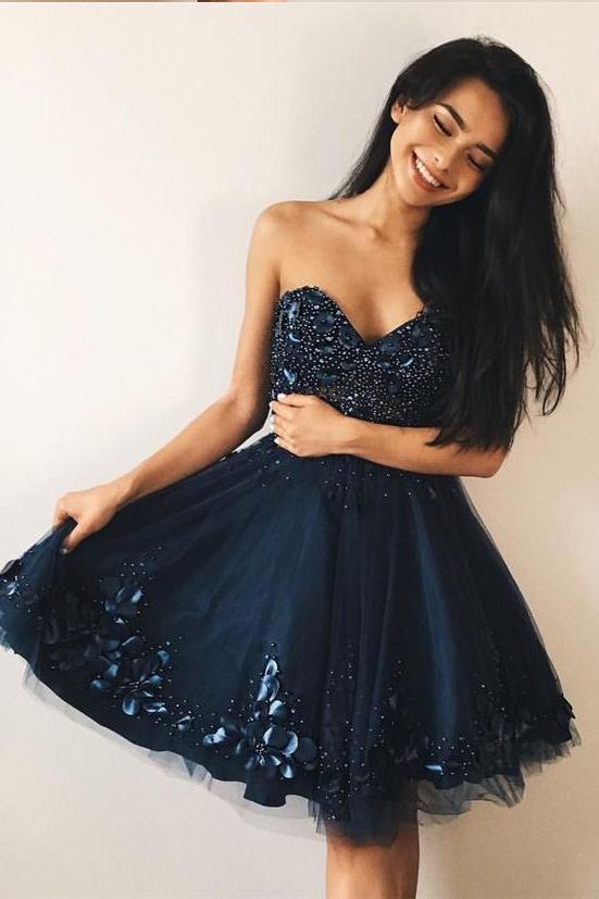 Navy Blue Sweetheart Beading Prom Dress with Appliques, Knee Length Tulle Homecoming Dress N1921
