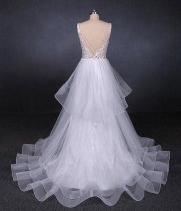 Unique V Neck Sleeveless Tulle Wedding Dresses, Asymmetrical Long Bridal Dresses UQ2290