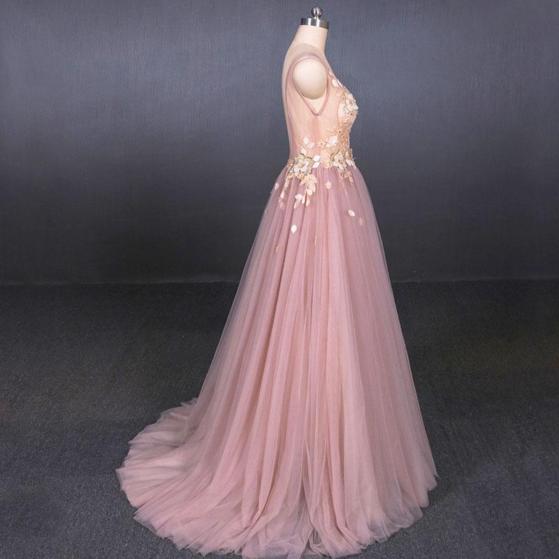 Pink V Neck Sleeveless Tulle Prom Dress with Appliques, A Line Tulle Evening Dress UQ2338
